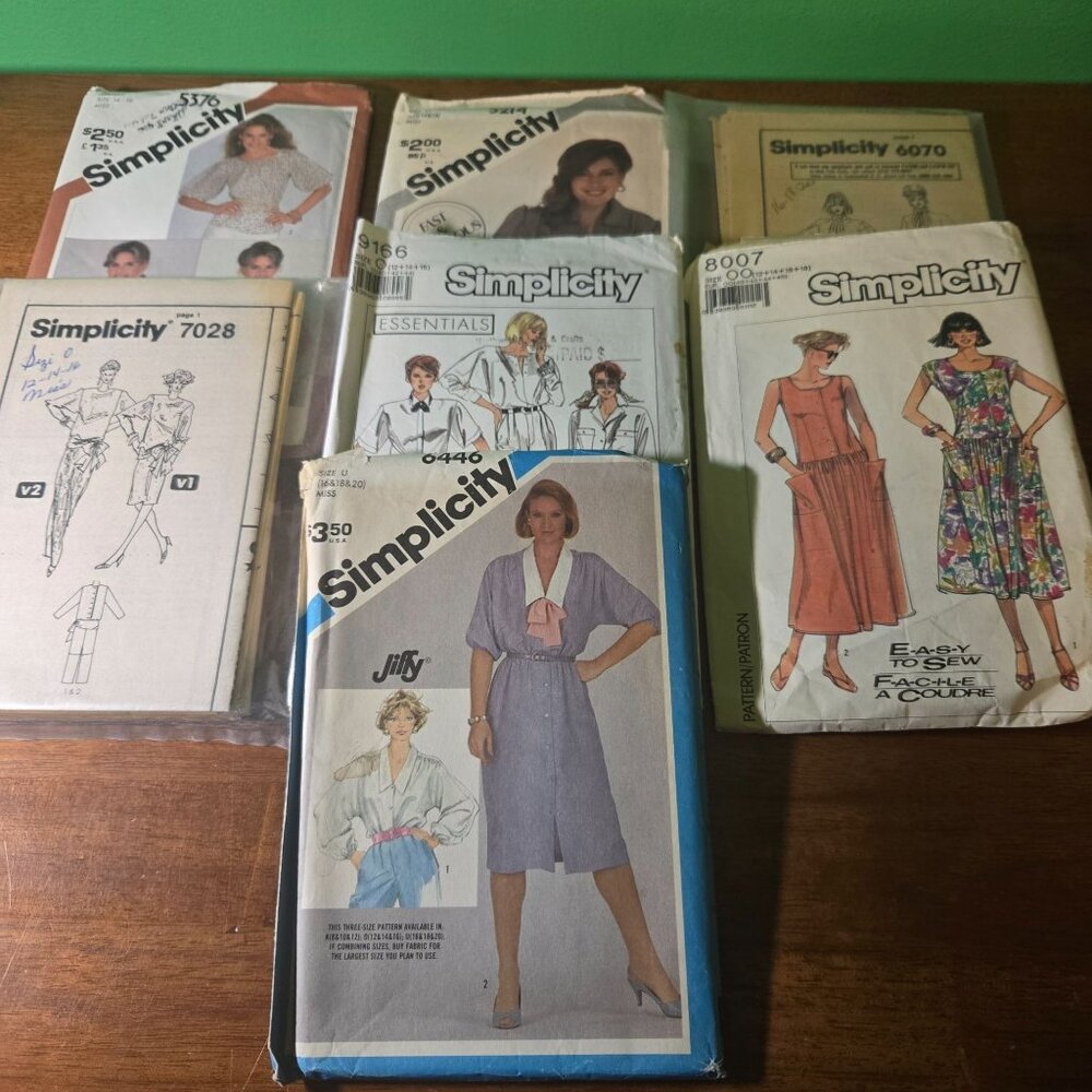 Simplicity sewing patterns womens mixed lot vintage 80s dress, blouse unverified